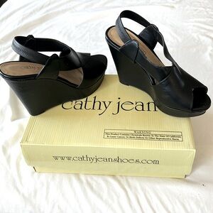 Cathy Jean shoes black size 6 1/2 , strap wedge, heals 4 1/2 high.